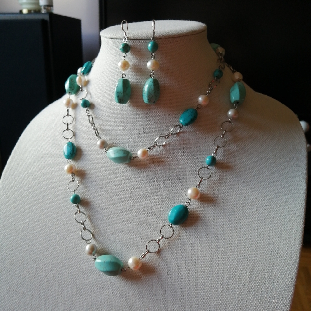 Artisan 925 Ster Silver Turquoise Howlite Freshwater Pearls Necklace & Earrings